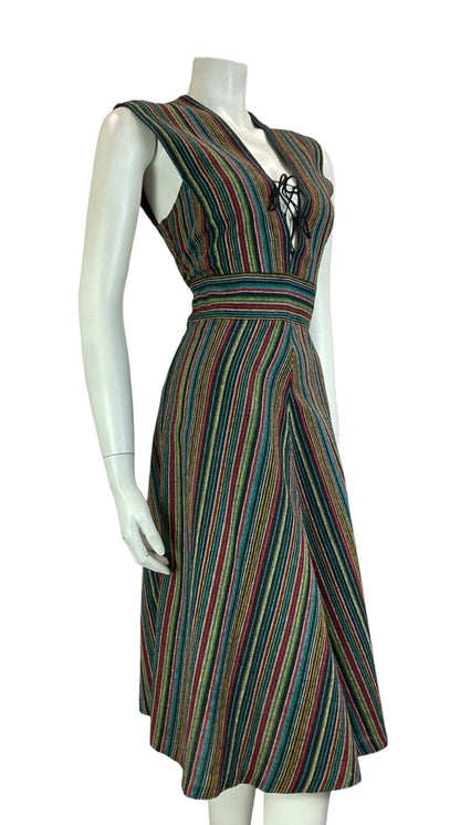 VTG 70S SWEDISH FOLK BLACK BLUE RED GREEN STRIPED TUNIC MIDI LACE UP DRESS 10