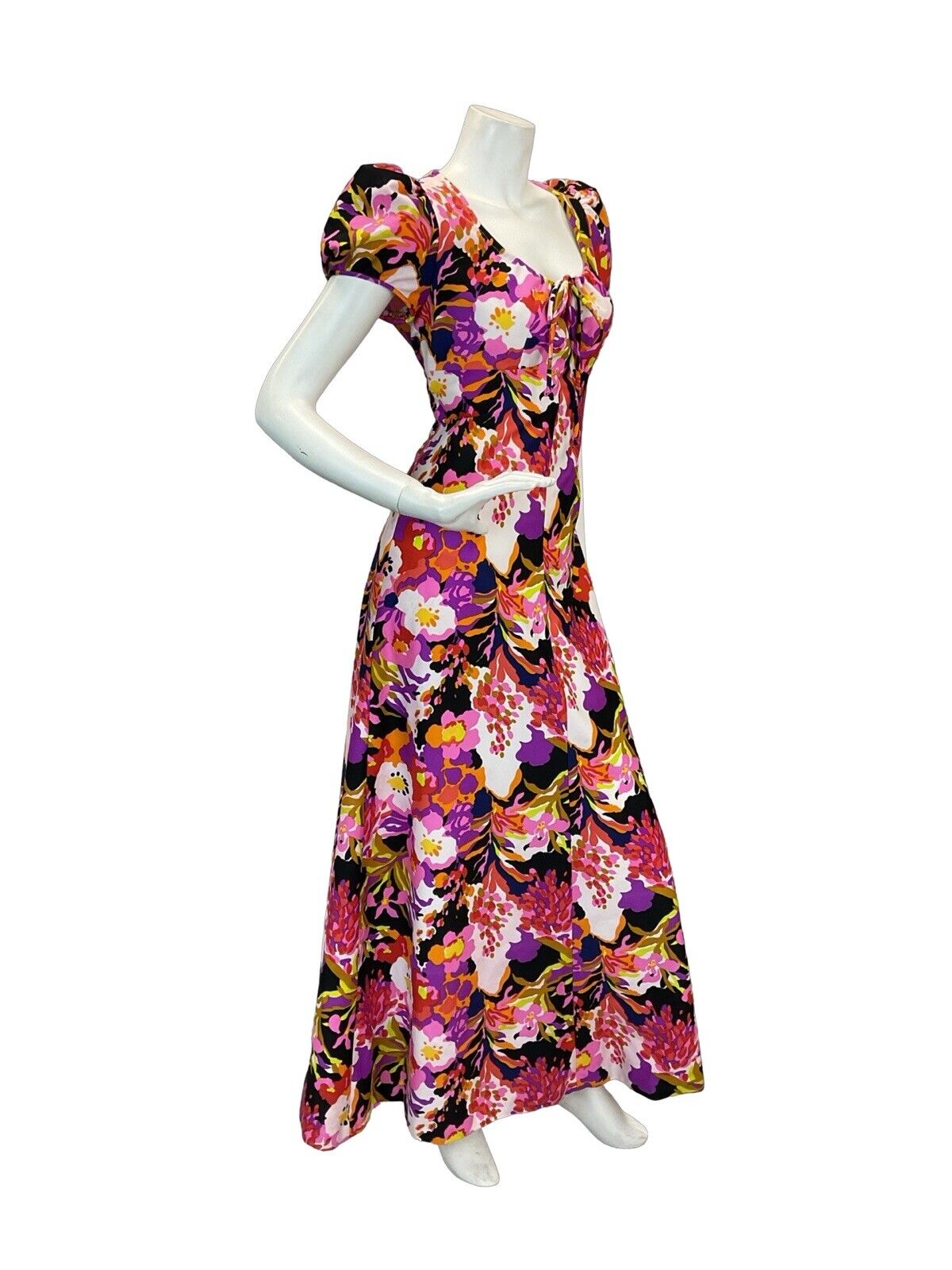 VTG 70S PSYCHEDELIC FLORAL EMPIRE MAXI DRESS PINK PURPLE WHITE ORANGE RED 10 12