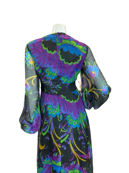 VTG 70S WEDDING PSYCHEDELIC FLORAL PURPLE GREEN BLACK BLUE MAXI DRESS 10 12