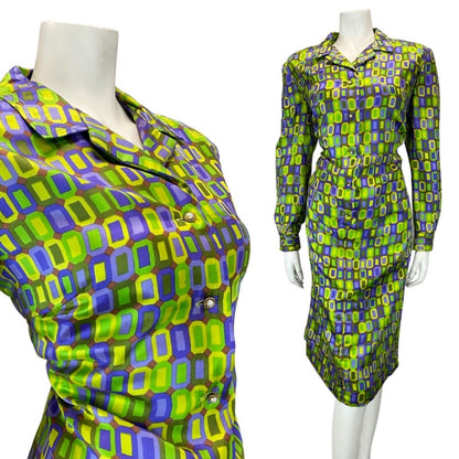 VINTAGE 60s 70s GREEN PURPLE BROWN GEOMETRIC TILED MOD SHIRT DRESS 16 18