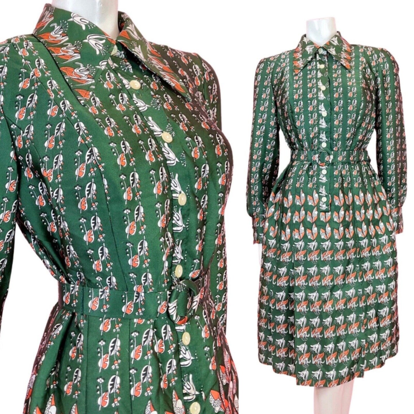 VINTAGE 60s 70s GREEN ORANGE WHITE FLORAL PSYCHEDELIC DAGGER SHIRT DRESS 14 16