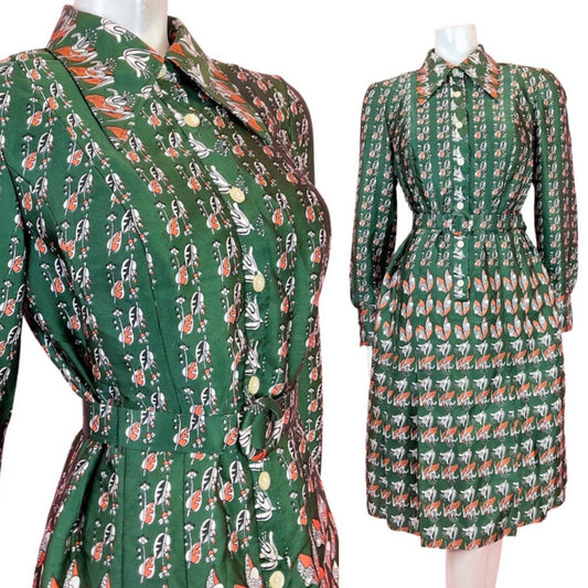 VINTAGE 60s 70s GREEN ORANGE WHITE FLORAL PSYCHEDELIC DAGGER SHIRT DRESS 14 16
