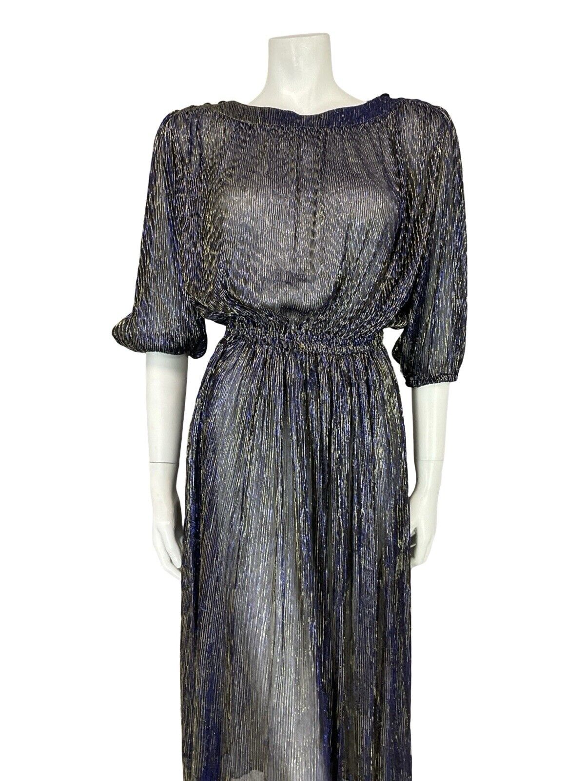 VTG 70S STUDIO 54 DISCO STRIPED NAVY BLUE GOLD LUREX MESH MIDI DRESS 12 10 14