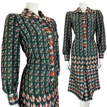 VTG 70S ART NOUVEAU ACORN GREEN ORANGE WHITE FLORAL SHIRT DRESS SIZE 12 14