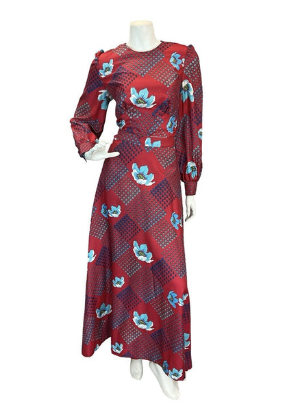 VTG 70S RED BLUE FLORAL GEOMETRIC PARTY MAXI DRESS 8-10