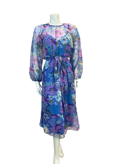 VTG 70S FLOATY SHEER CHIFFON FLORAL MIDI DRESS BLUE PURPLE WHITE 10 12