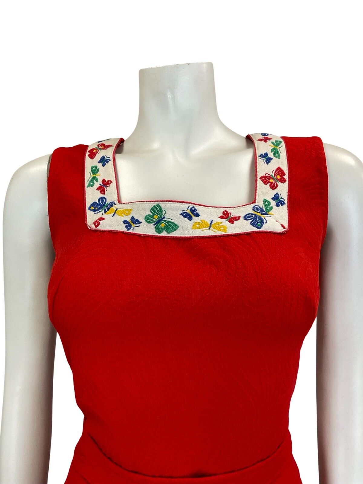 VTG 60S BUTTERFLY PAISLEY RED SLEEVELESS MINI DRESS WITH BELT SIZE 10 12