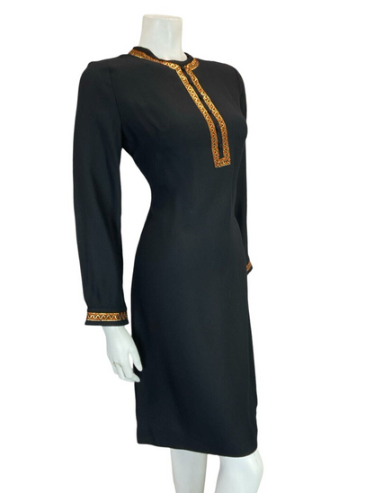 VTG 60S BLACK MEDIEVAL BIB MOD EVENING PARTY GOLD COPPER TRIM TUNIC DRESS 8 10 S