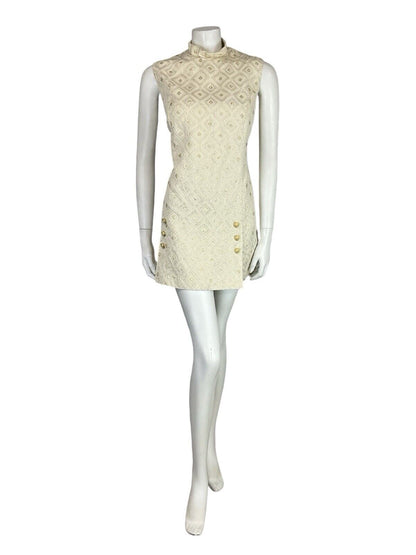 VTG 60S MOD GOLD CREAM FUNNEL NECK DIAMOND GEOMETRIC TUNIC PARTY DRESS M 12 14