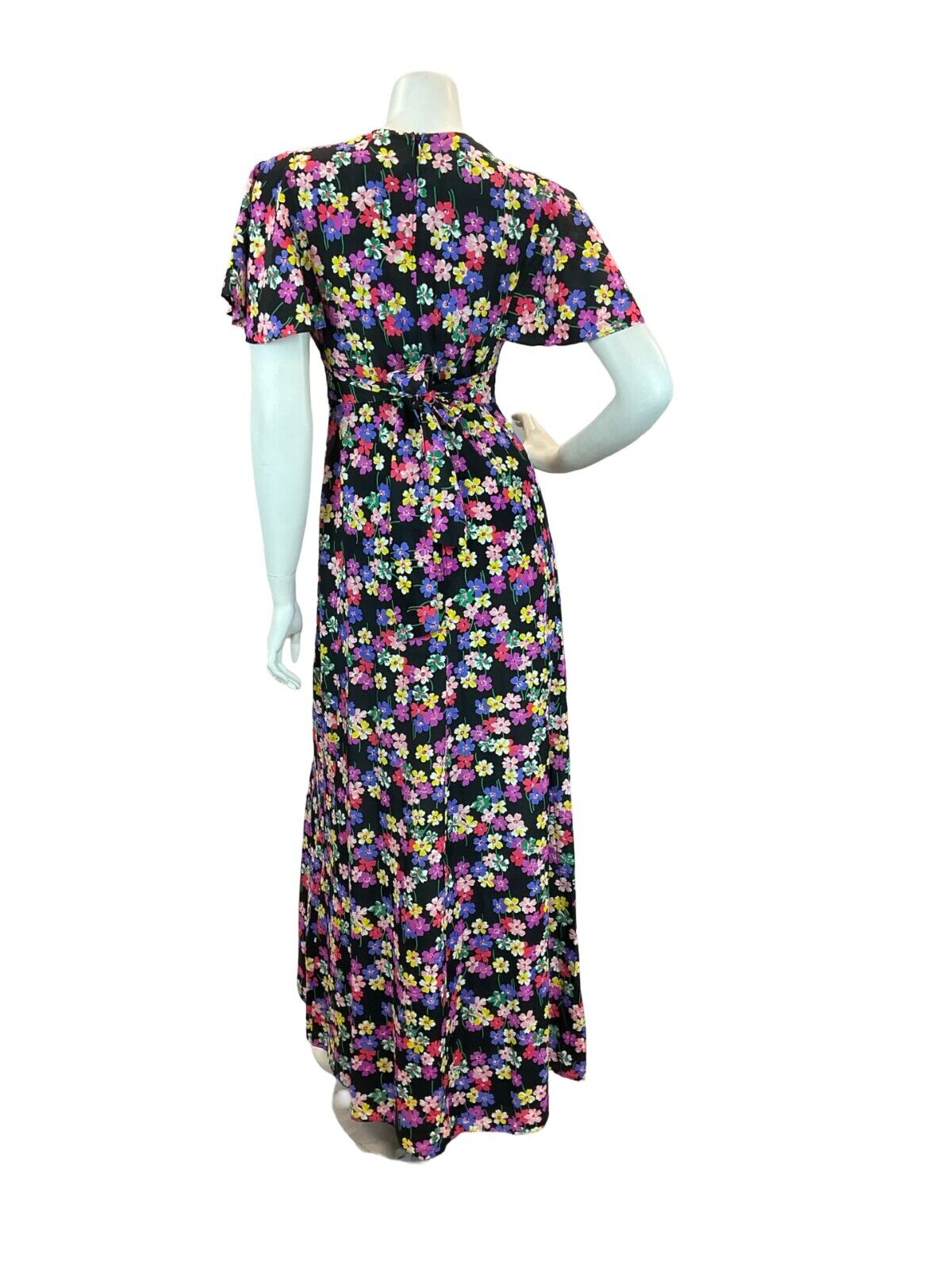 VTG 70S BUTTERFLY SLEEVE FLORAL MAXI DRESS BLACK PINK PURPLE GREEN YELLOW 8