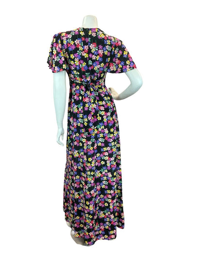 VTG 70S BUTTERFLY SLEEVE FLORAL MAXI DRESS BLACK PINK PURPLE GREEN YELLOW 8