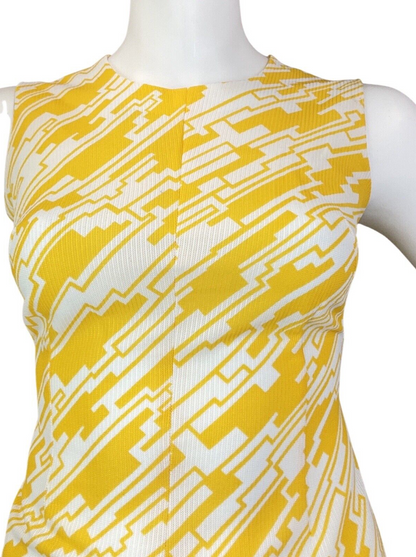 VINTAGE 60s 70s YELLOW WHITE GEOMETRIC MOD SLEEVELESS SHIFT DRESS 16