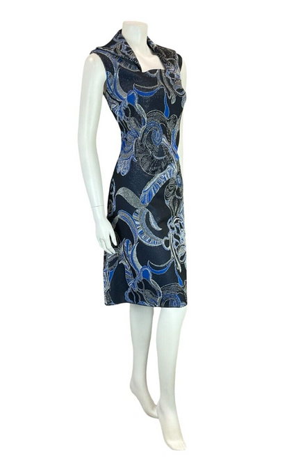 VTG 60S 70S NAVY SILVER BLUE WING NECK LUREX PSYCHDELIC FLORAL DRESS 12 14