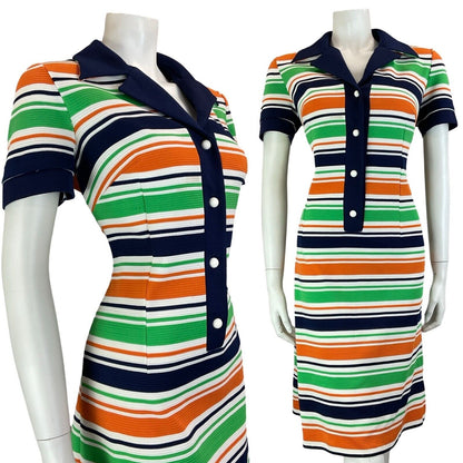 VTG 60S 70S STRIPED NAVY BLUE WHITE ORANGE GREEN JOHHNY COLLAR SHIRT DRESS 14 16