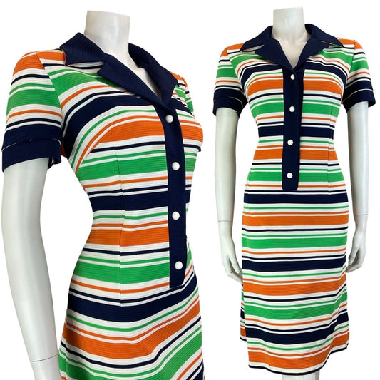 VTG 60S 70S STRIPED NAVY BLUE WHITE ORANGE GREEN JOHHNY COLLAR SHIRT DRESS 14 16