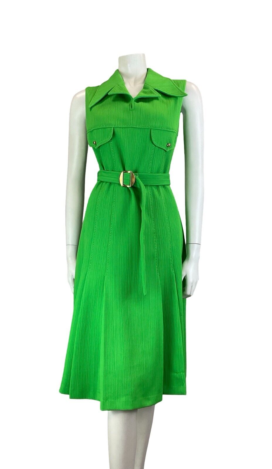 VTG 60S 70S BRIGHT GREEN STRIPED JOHHNY COLLAR SLEEVELESS BELTED SHIRT DRESS 10