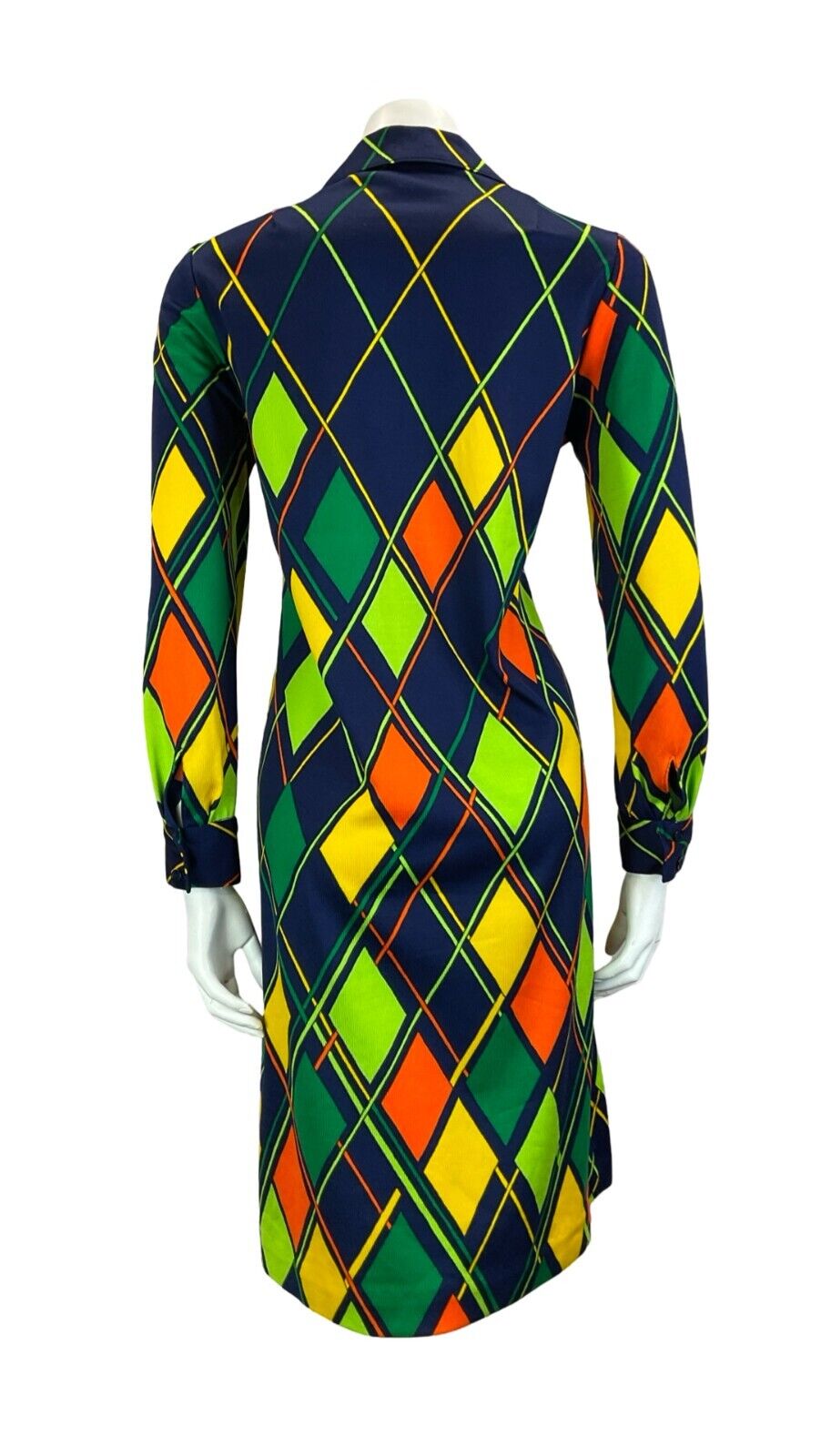 VTG 70S NAVY GREEN ORANGE YELLOW HARLEQUIN LONG SLEEVE SHIRT WING COLLAR DRESS M