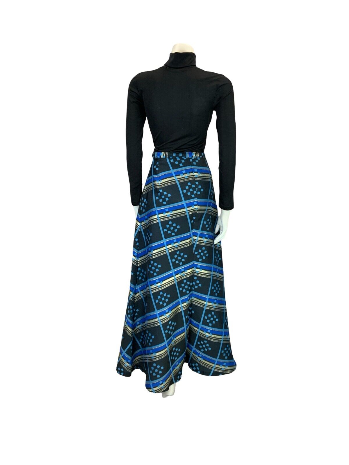 VTG 60S 70S BLACK BLUE GOLD GEOMETRIC CHECKED STRIPE A LINE MAXI SKIRT 6