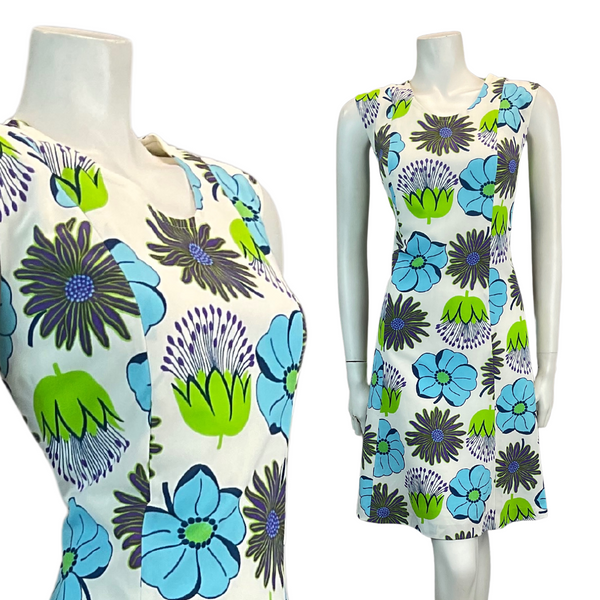 VTG 60S 70S WHITE BLUE GREEN FLORAL MOD A-LINE MINI DRESS 8 10