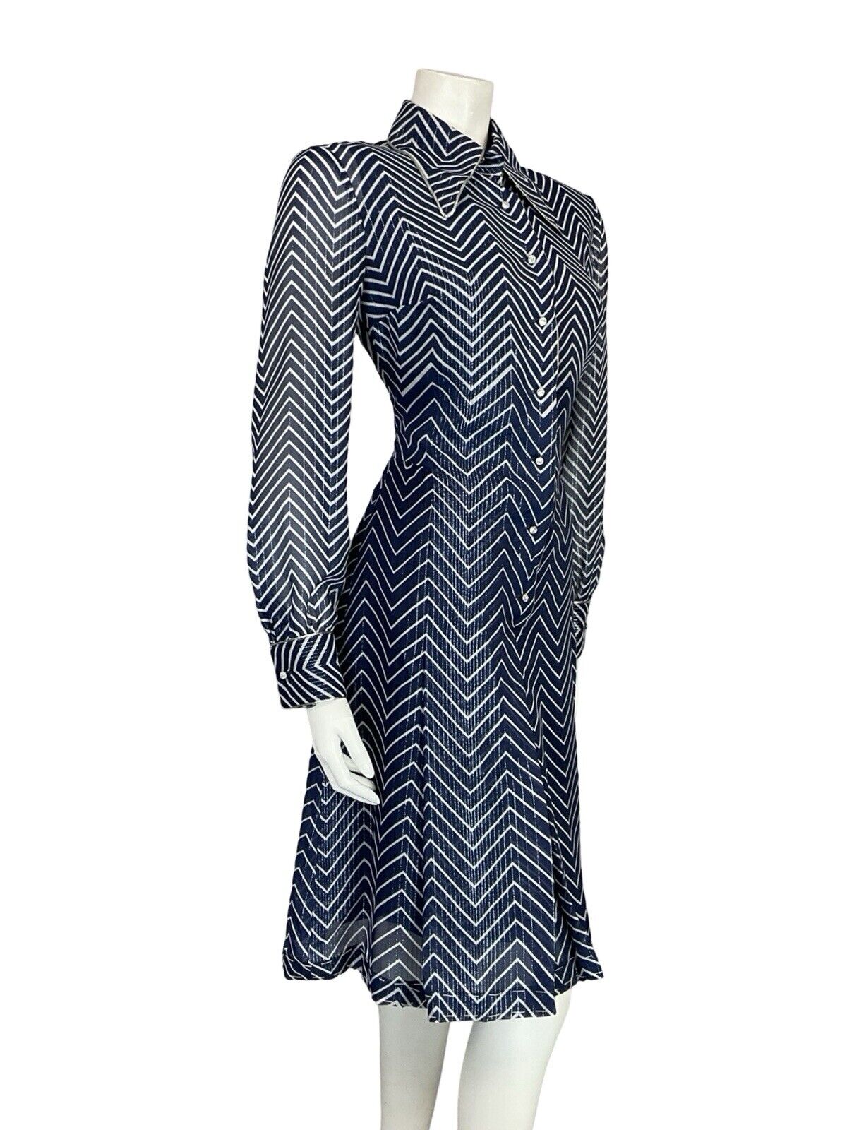 VTG 70S NAVY BLUE WHITE SPARKLE STRIPE DAGGER COLLAR PARTY SHIRT DRESS 12