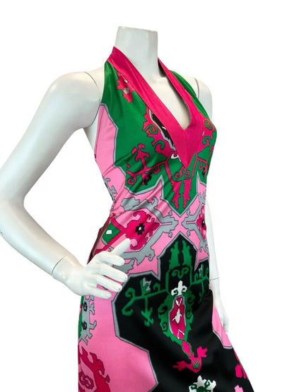 VTG 1970S HALTER SUMMER SUN GEOMETRIC PSYCHEDELIC MAXI DRESS PINK GREEN BLACK 10