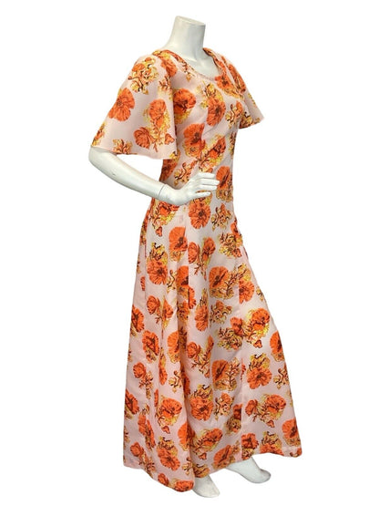 VINTAGE 60s 70s BUTTERFLY SLEEVE ORANGE FLORAL MAXI DRESS 12 14