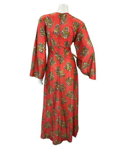 MAXI VTG 60s 70s BELL SLEEVE V-NECK RED GREEN BROWN BOHO MAXI DRESS 10 12