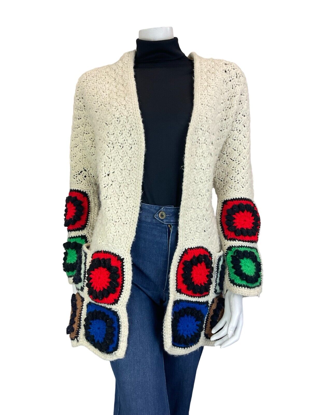 VTG 70S HAND KNIT CROCHET PATCHWORK RED BLUE CREAM NORDIC SCANDI CARDIGAN 10 12