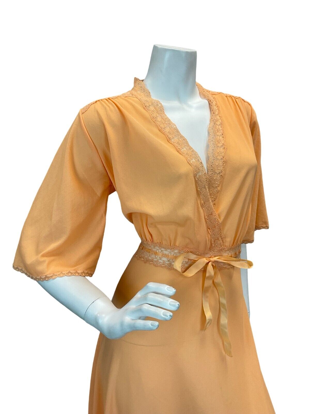 VTG 70S PEACH ORANGE APRICOT LACE GLAM ROMANTIC WRAP MAXI DRESS 12 14