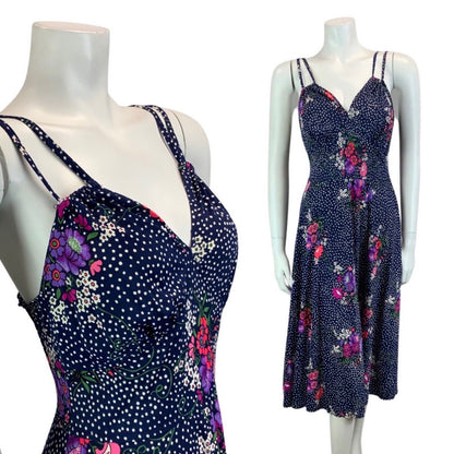 VINTAGE 60s 70s NAVY BLUE WHITE POLKA DOT FLORAL PRINT STRAPPY MAXI DRESS 10