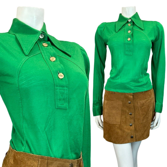 VTG 60S 70S BRIGHT GREEN LONG SLEEVE DAGGER COLLAR SHIRT SIZE 8 10