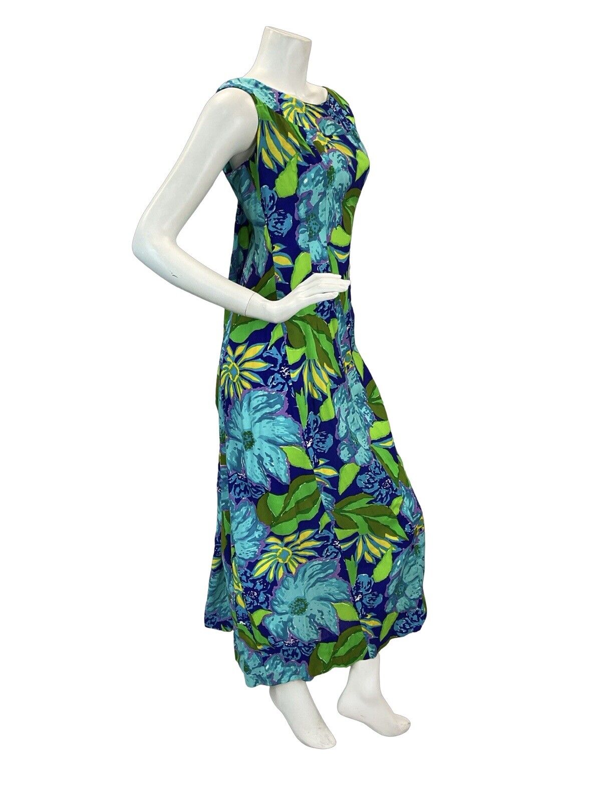 VTG 60s 70S  BLUE GREEN HAWAIIAN TROPICAL LEAF PRINT  SCOOP BACK MAXI DRESS 10