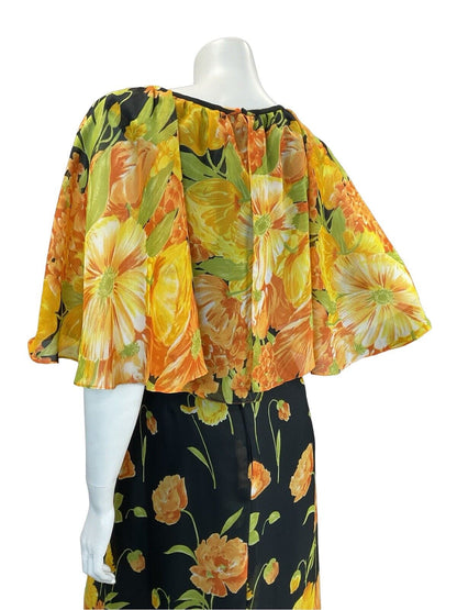 VTG 60s 70s CAPE SLEEVE ORANGE YELLOW GREEN BLACK FLORAL MAXI DRESS 10 12