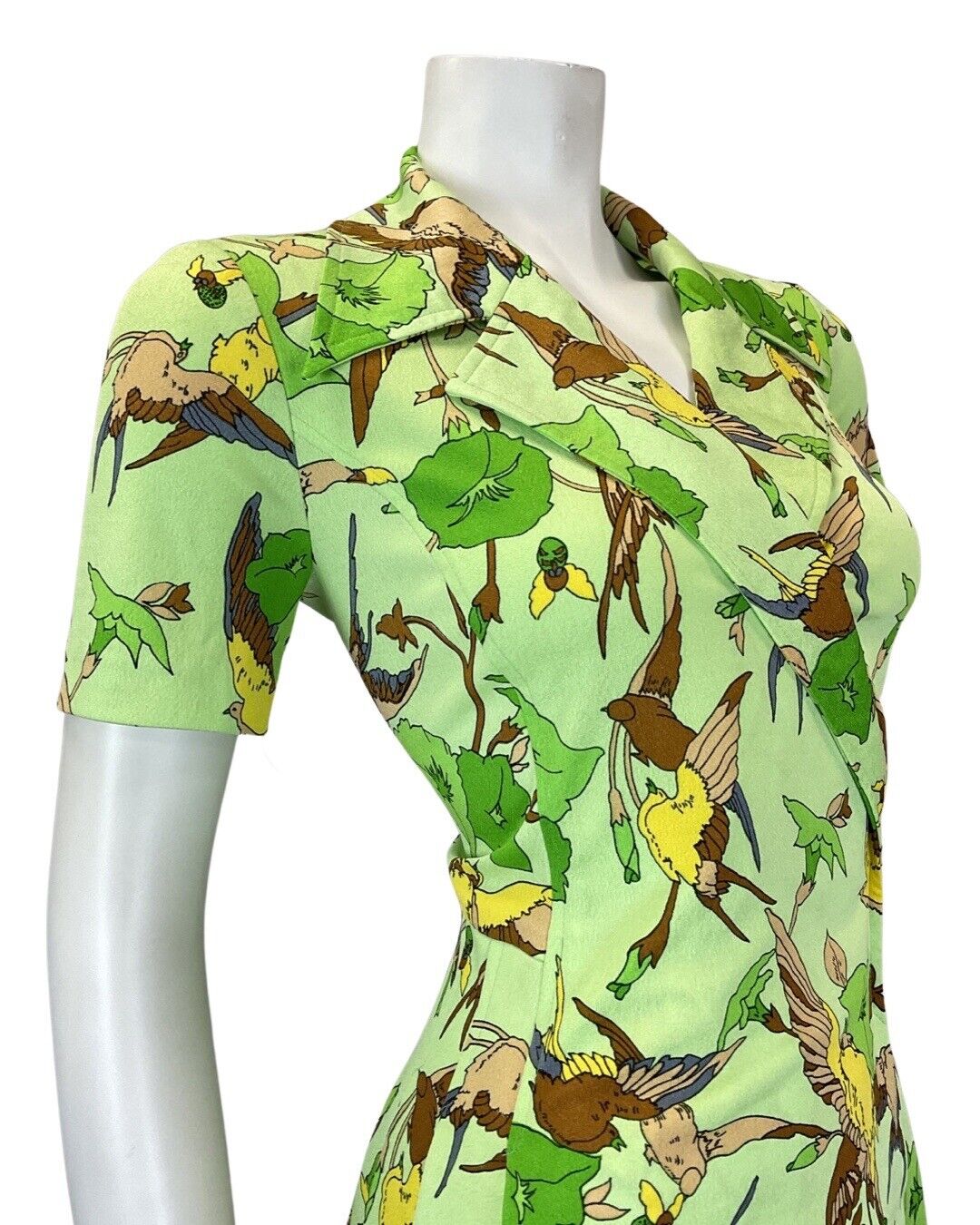 VINTAGE 60s 90s GREEN BROWN YELLOW FLORAL BIRD PARROT MOD SHIRT DRESS 10