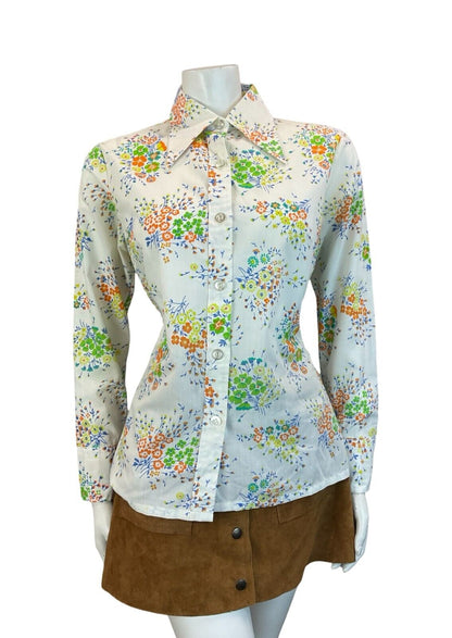 VTG 70S DAGGER COLLAR PSYCHDELIC WHITE ORANGE BLUE GREEN FLORAL SHIRT SIZE 12