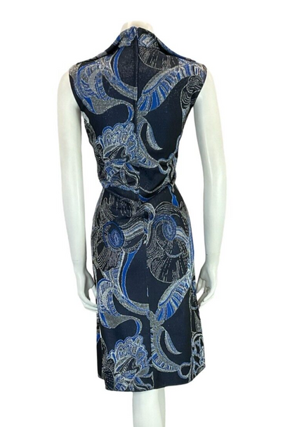 VTG 60S 70S NAVY SILVER BLUE WING NECK LUREX PSYCHDELIC FLORAL DRESS 12 14