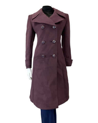 VINTAGE 60s 70s PLUM PURPLE DOUBLE-BREASTED MOD WOOL PRINCESS COAT 10 12