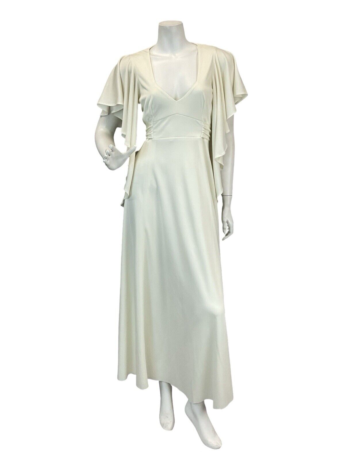 VTG 70s CREAM PLUNGE BELL SLEEVE BOHO BRIDAL WEDDING MAXI DRESS 8 10 12