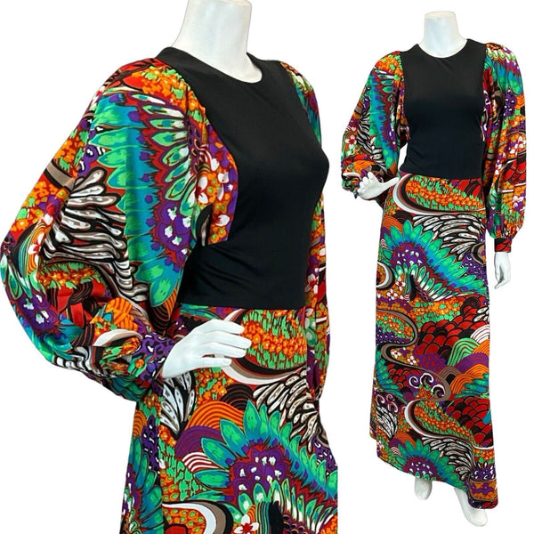 VTG 70S MULTICOLOUR TRIPPY PSYCHEDELIC PATTERN BISHOP SLEEVE MAXI DRESS 8 10