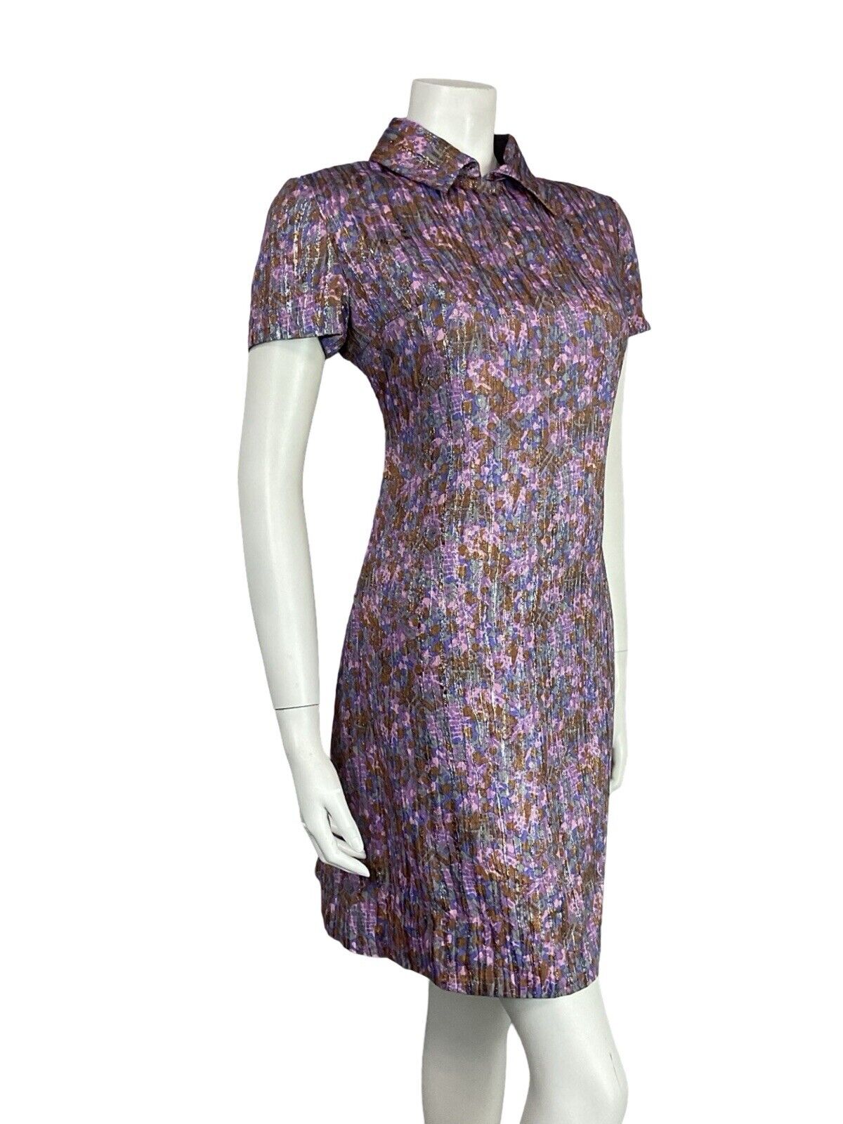 VTG 60S MOD IRIDESCENT METALLIC PURPLE PINK SPARKLY PARTY SHIRT MINI DRESS 10 12