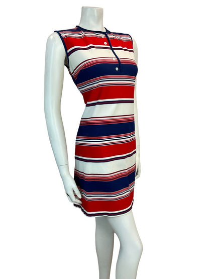 VTG 60S MOD STRIPED RED BLUE SCOOTER GOGO SLEEVELESS MINI DRESS SIZE 12