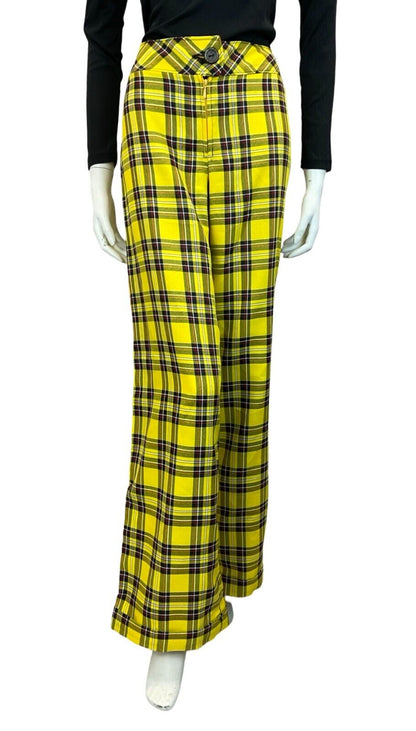 VTG 70S YELLOW BLACK RED TARTAN PUNK STRAIGHT LEG TROUSERS SIZE 12 14