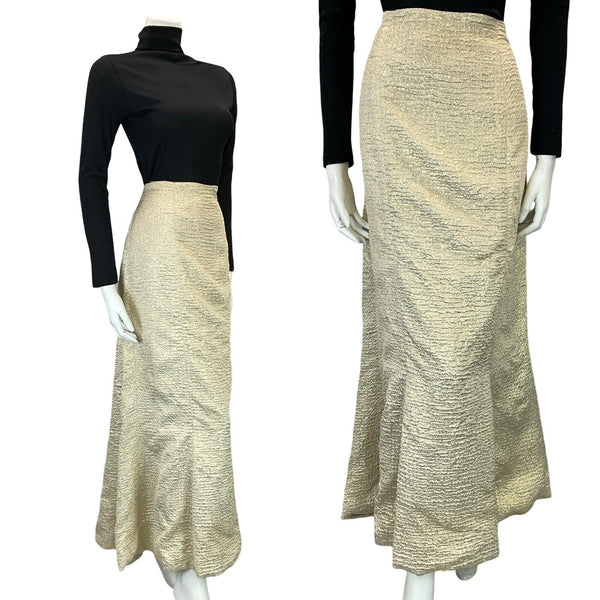 VTG 70S COOL GOLD FIT AND FLARE FISHTAIL CRINKLED PARTY FORMAL MAXI SKIRT 14