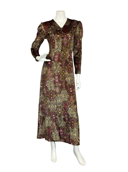 VTG 70S BOHO PRINCESS BROWN PINK DOTTY VELVET MUTTON SLEEVE V NECK MAXI DRESS 6