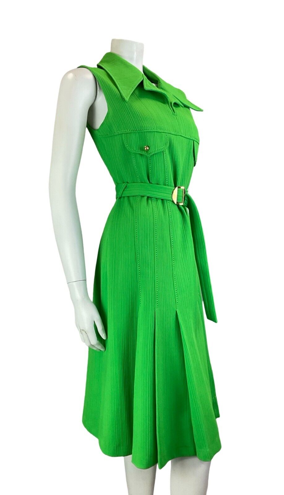 VTG 60S 70S BRIGHT GREEN STRIPED JOHHNY COLLAR SLEEVELESS BELTED SHIRT DRESS 10