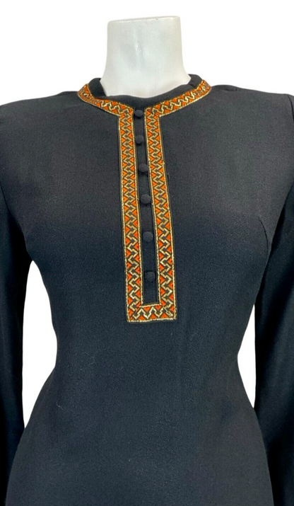 VTG 60S BLACK MEDIEVAL BIB MOD EVENING PARTY GOLD COPPER TRIM TUNIC DRESS 8 10 S