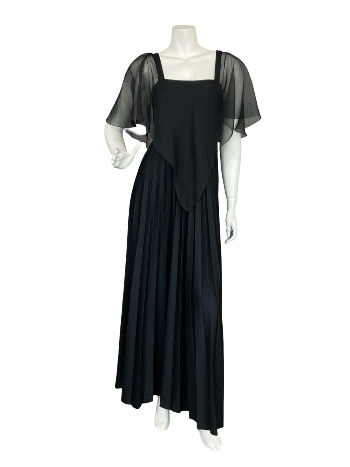 VTG 70S PETERSON MAID OF LONDON BLACK MESH CAPE PLEATED EVENING MAXI DRESS 10