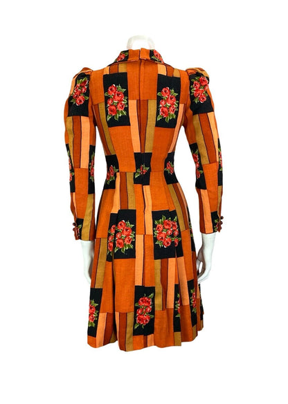 VTG 60S 70S WING COLLAR TIE ORANGE BLACK LONG SLEEVE PLEATED FLORAL MIDI DRESS 4