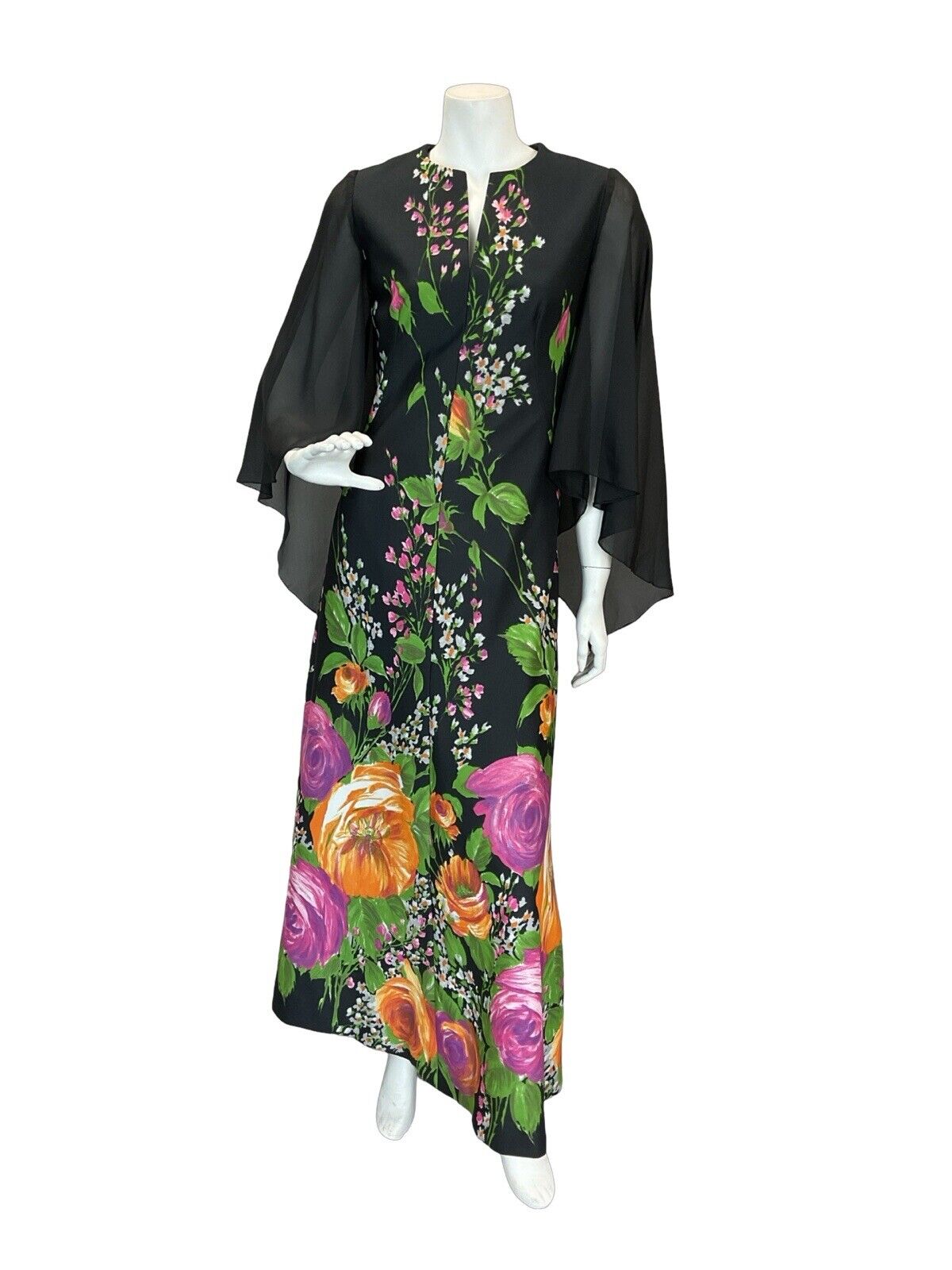 VTG 70S FLORAL CAPE SLEEVE MAXI DRESS WEDDING BLACK GREEN PINK ORANGE 6 8