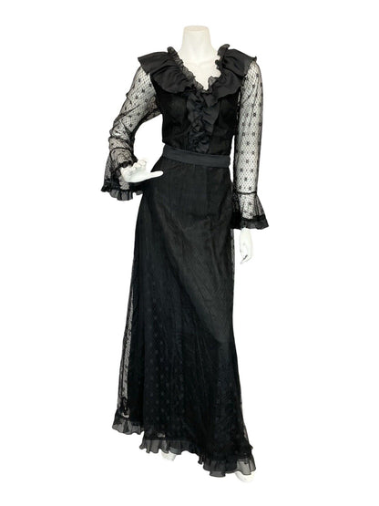 VTG 70S FRILLY V NECK BLACK LACE FLUTE SLEEVE MAXI EVENING PRAIRIE DRESS 10 12